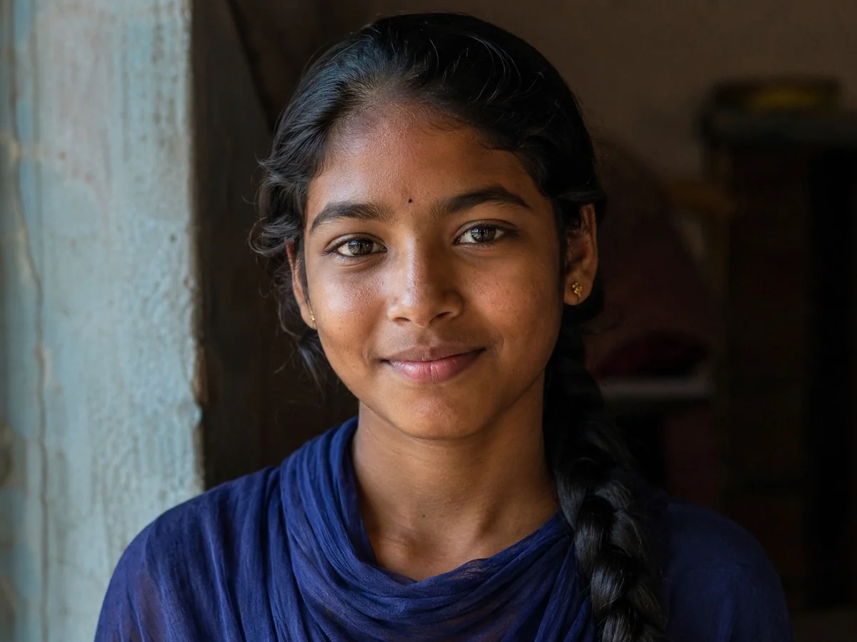 An adolescent girl in a blue dupatta, looking directly at the camera.