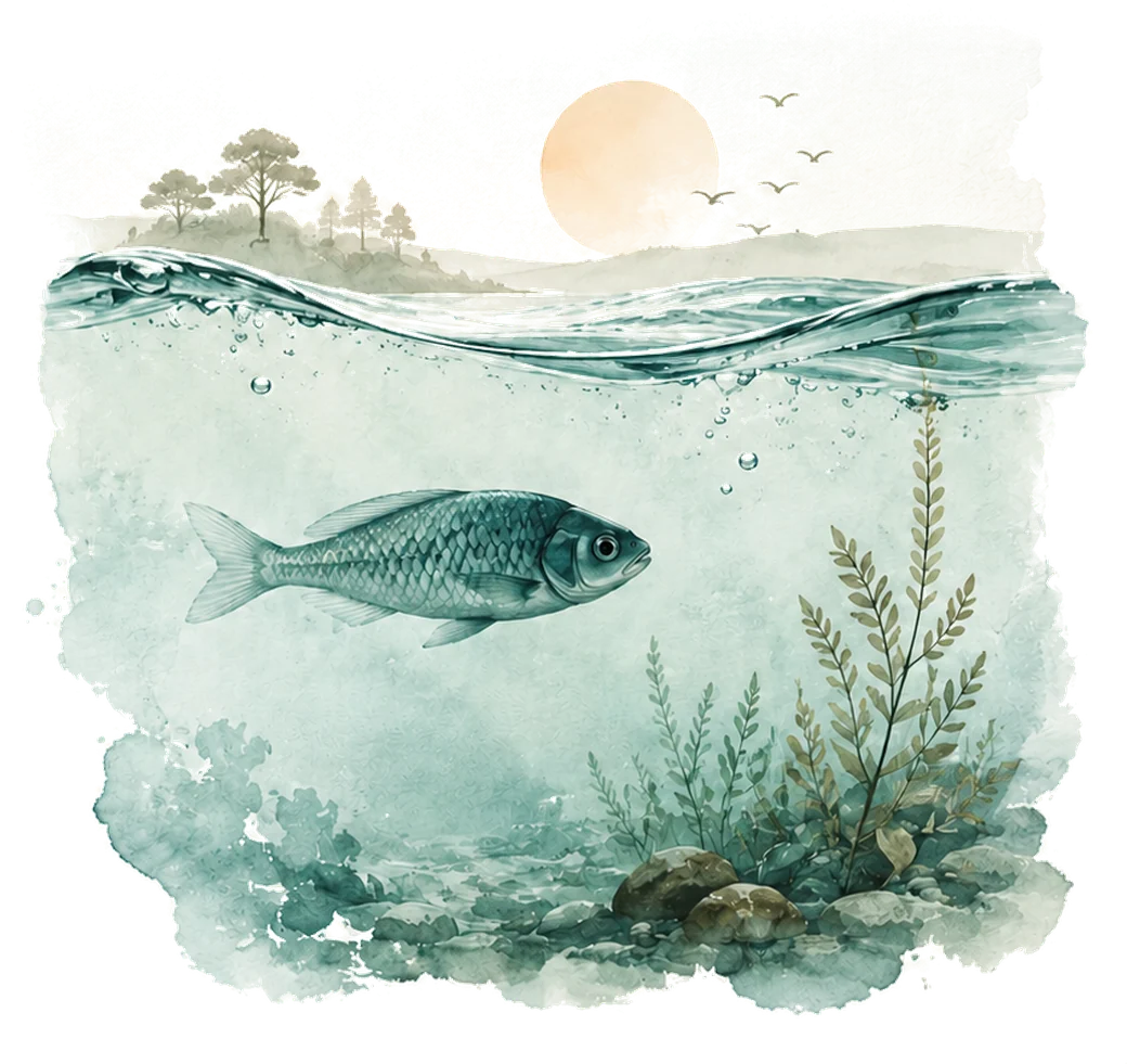 A single fish in still water, beneath an open sky.