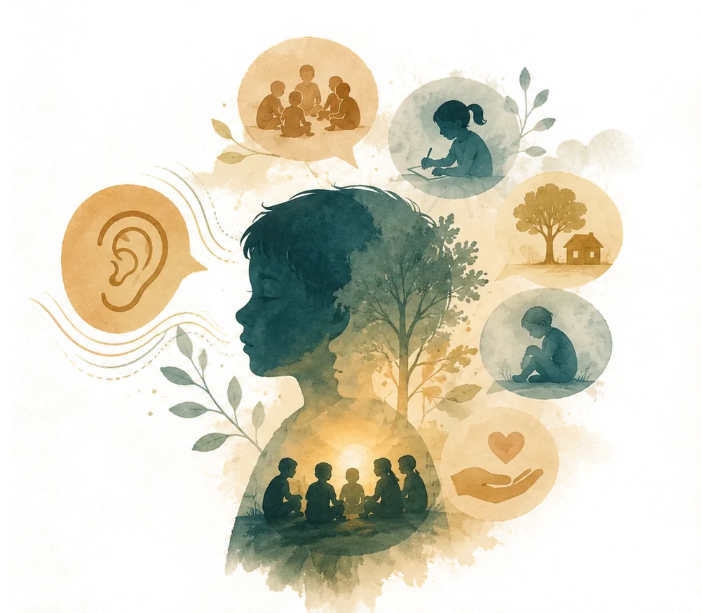 A child in profile, listening, with the things children carry rising around them: friends, drawing, home, solitude and care.