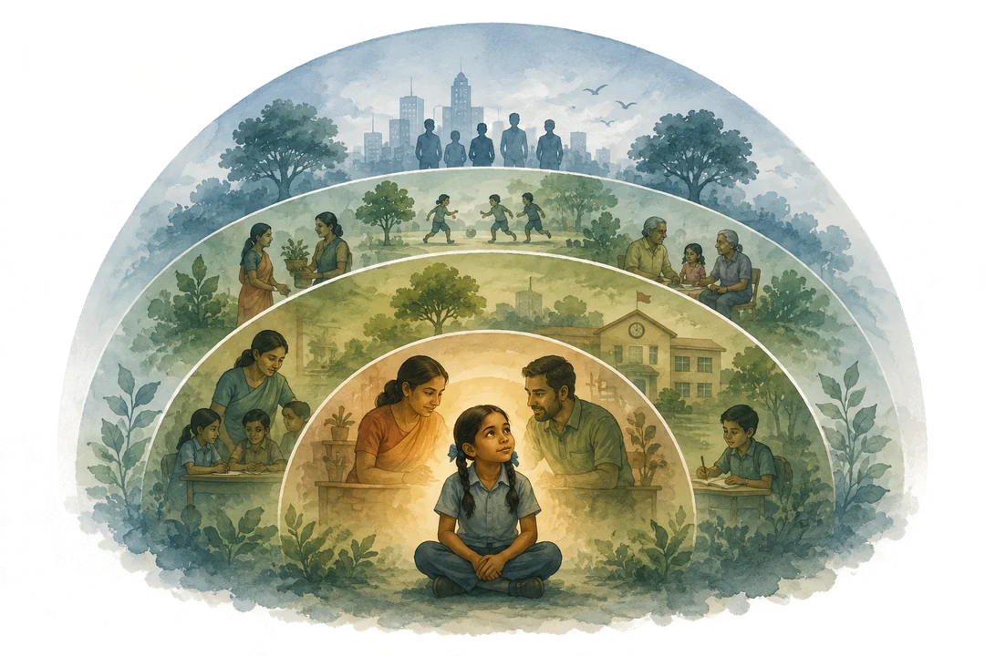 Nested arcs around a seated child: family closest, then school, then the neighbourhood, and society furthest out.