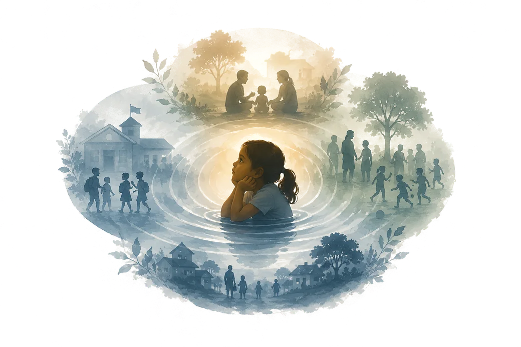 A child in still water at the centre of widening ripples, ringed by the worlds that shape them: family, school, neighbourhood and community.